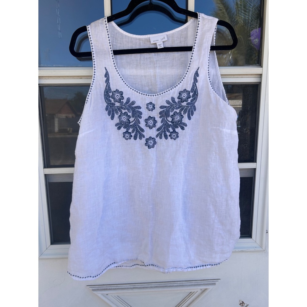 J. Jill Love Linen White Navy Floral Embroidered Tank Top L Lagenlook